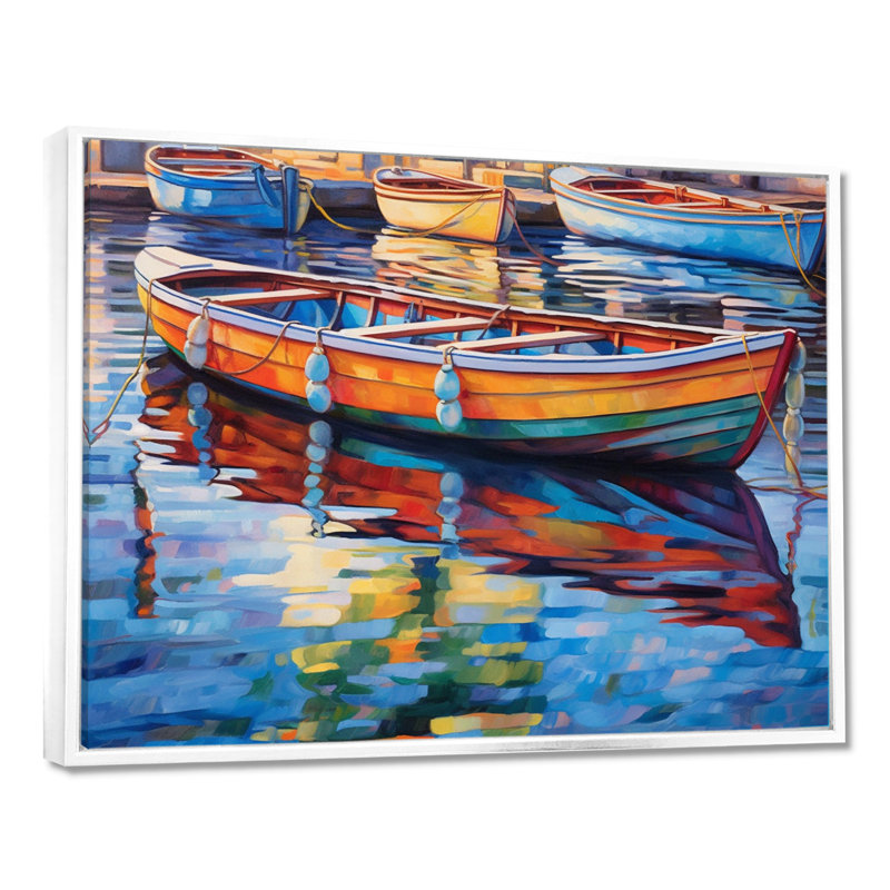 Bateaux dans le port - art mural de port côtier pour le salon, H 34 po x l 44 po x P 1,5 po, Cadre flottant blanc