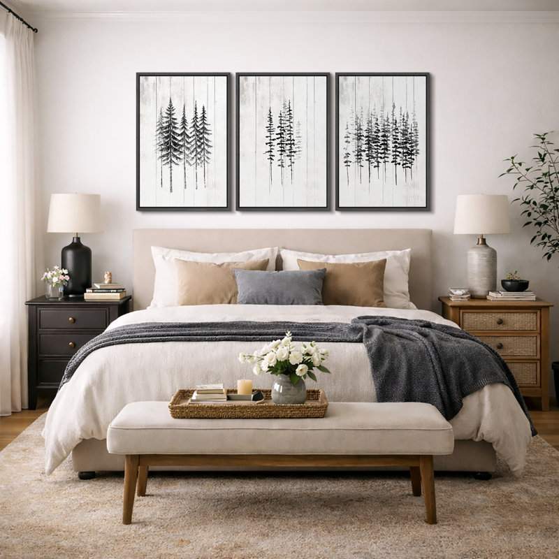 "Minimal Botanical", illustration de pins noirs et blancs, photos de bois de ferme rustique moderne, impression encadrée sur toile giclée, 3 pièces "16" x 24 "x 3 pièces, 24" x 36 "x 3 pièces