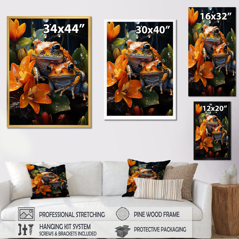 " Orange Frogs On Glass Effect ", 40" H x 30" W x 1.5" D, Black Single Picture Frame