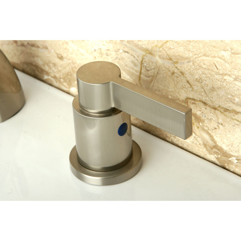 Kingston Brass NuvoFusion Two-Handle 3-Hole Deck Mount Mini-Widespread Bathroom Faucet with Plastic Pop-Up, Brushed Nickel