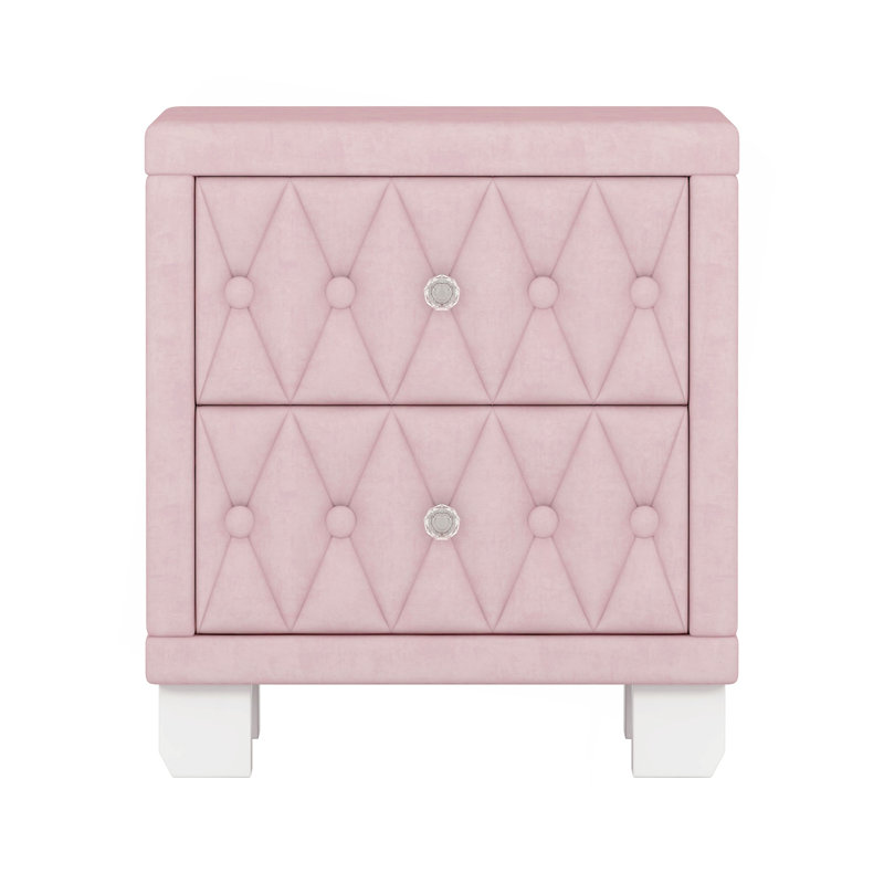 Elegant Velvet Nightstand With 2 Drawers And Crystal Handle, Storage Bedside Table With Button-Tufted, Pink