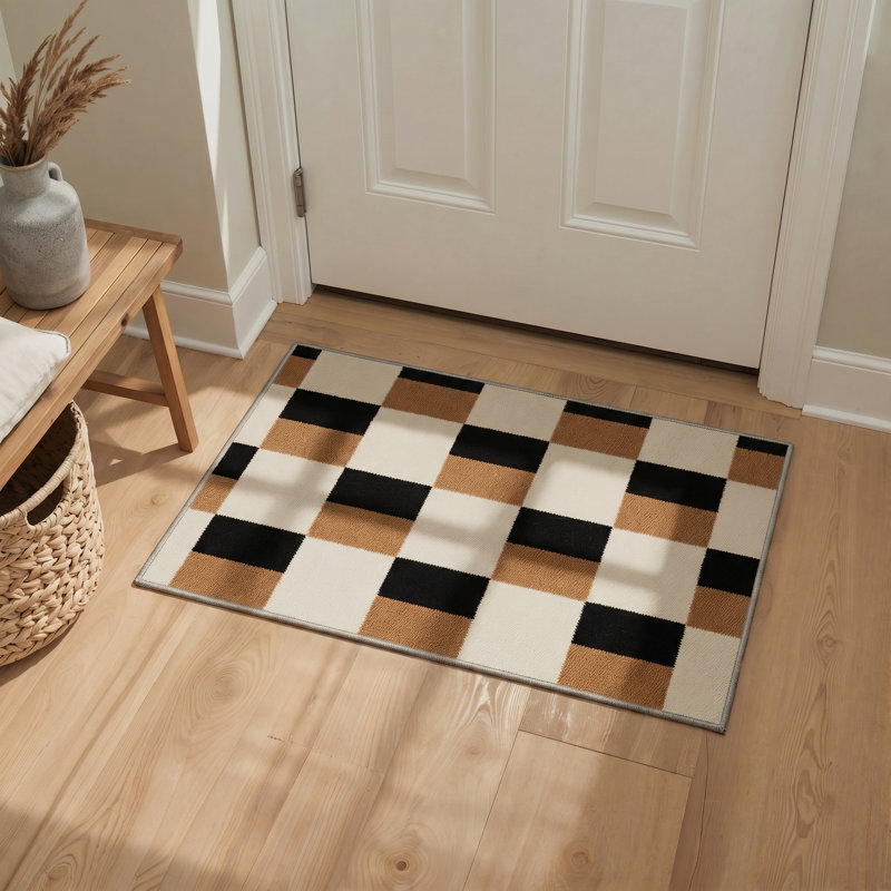 Abrahamson Checkerboard Cream Caramel Machine Washable Beige / Brown / Black Indoor Area Rug with Non-Slip Backing