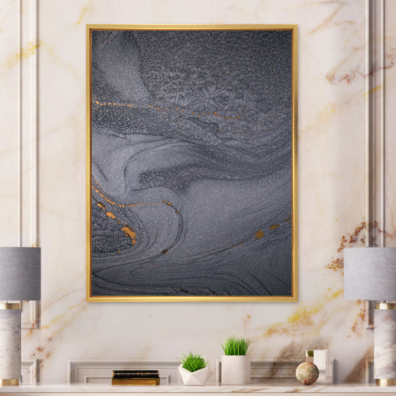 " Dramatic Gray Monochrome Fluid Art IX ", 20" H x 12" W x 1" D, Gold Floater Framed