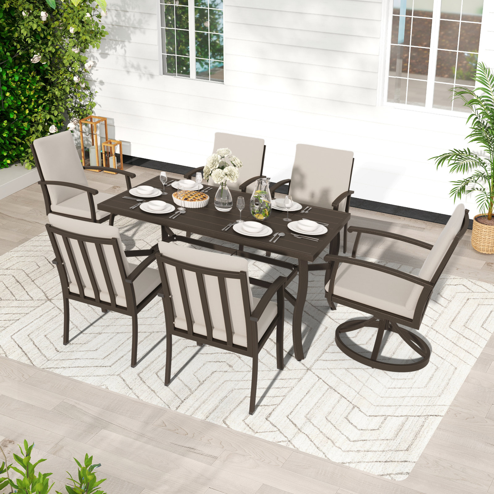 84" Patio Dining Set, 6, Dark Brown