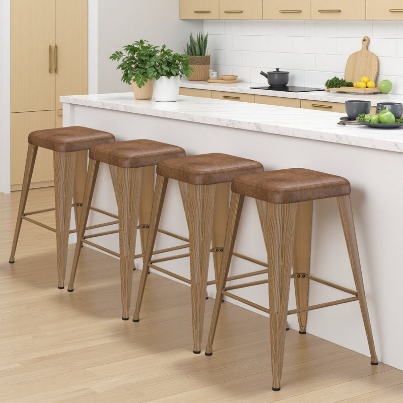 Upholstered Seat Stools with Metal Frame, Walnut, Bar Stool (30" Seat Height), 4