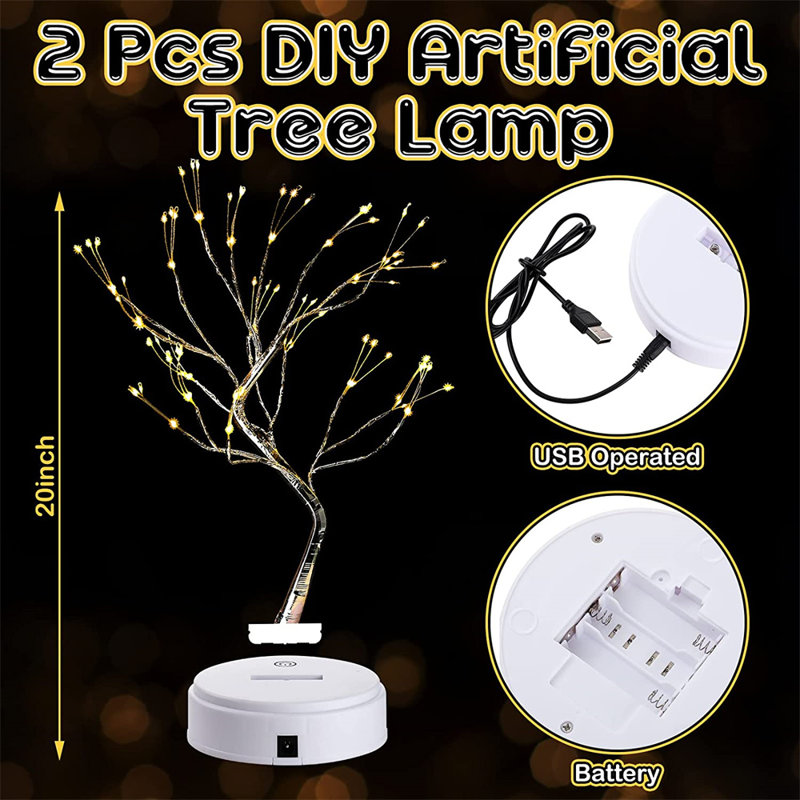 2 Pcs 20" Tabletop Bonsai Tree Light Lamp 108 Led Copper Wire String Lamp Battery/USB Operated DIY Artificial Tree Warm Fairy Light For Indoor Home Bedroom Desktop Christmas Trees Decor