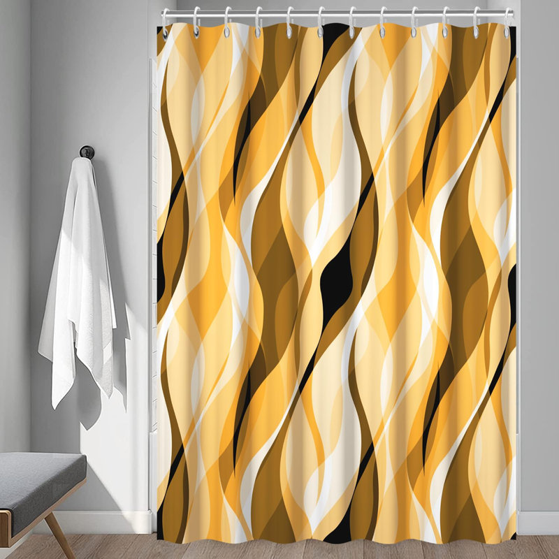 Pack of 1 Modern Abstract Black and Grey Striped Shower Curtain Set with Hooks, Yellow, 91.44cm W x 182.88cm L