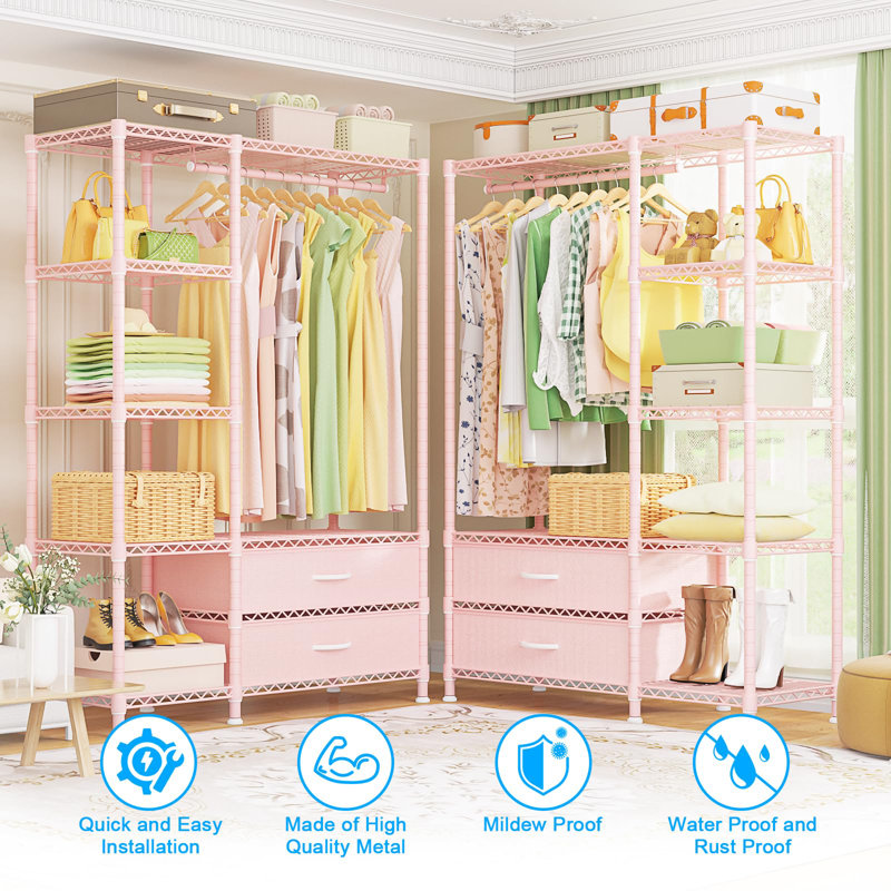 Pink Carbon Steel Portable Clothes Rack with Fabric Drawers