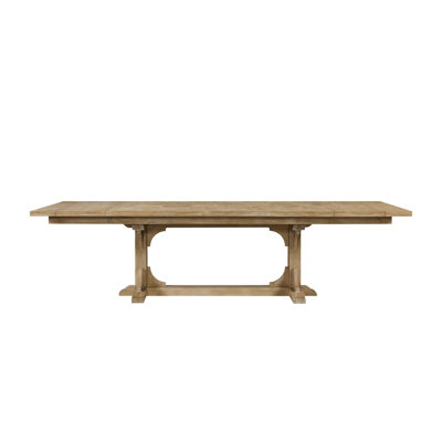 Table tréteau finition noix de cajou, plateau en placage géométrique, extensible de 213 cm à 290 cm, placage, bois massif, largeur 112 cm, hauteur 76 cm, poids 104 kg. Disponible en plusieurs coloris. Extension : 290 cm. Design, largeur, hauteur, piètement.