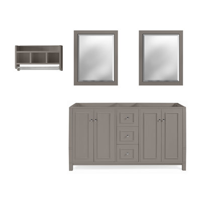 Alaterre Furniture Williamsburg 4Pc Wooden Bathroom Vanity Set With 60"L Bathroom Vanity With Storage, Two 30"L Rectangular Mirrors And A 25" Wide Wall Shelf With 2 Towel Rods, Grey