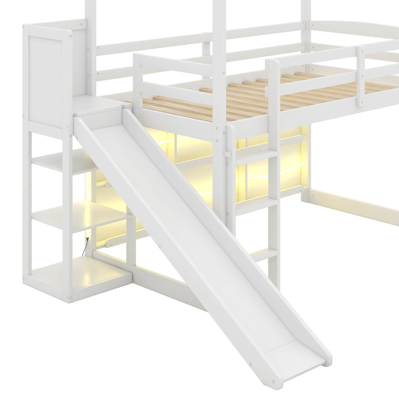 Lit mezzanine simple en bois avec glissoire, tablettes et lumière, Blanc