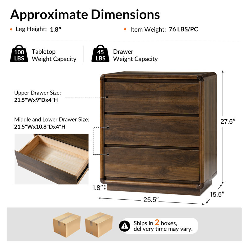 Table de bout moderne à 3 tiroirs à coins arrondis avec 2 blocs d'alimentation intégrés Fleurance
