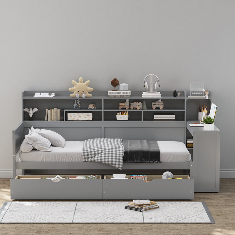 Lit de jour simple en bois avec tablettes de rangement et bureau d'étude intégré - Lit multifonctionnel peu encombrant, gris