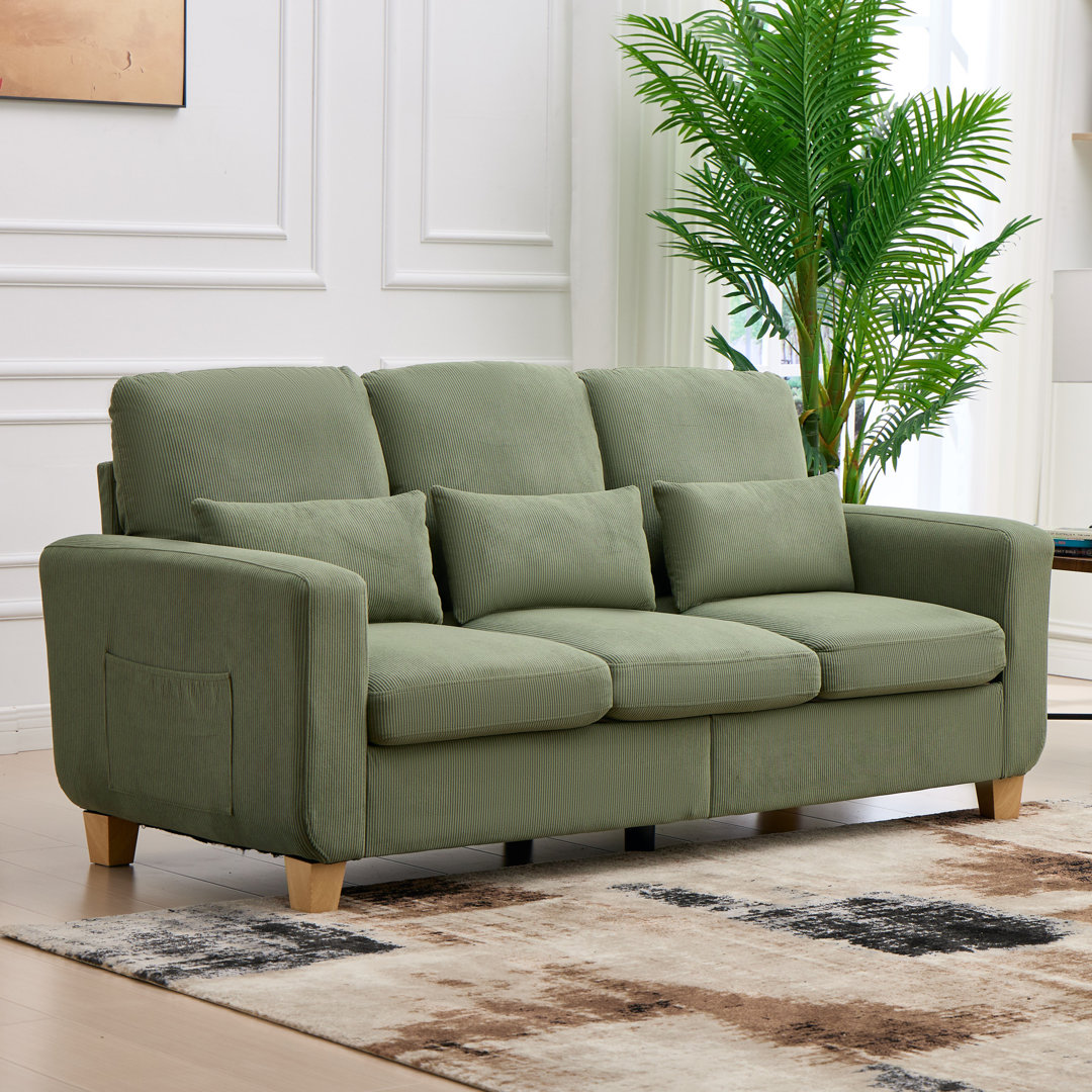 3-Seater Corduroy Sofa with 2 Throw Pillows, Deep-Seated Upholstered Couch with Square Arms, Cosy Living Room Furniture