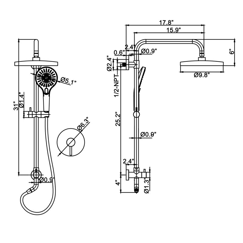 Pomme de douche réglable avec valve brute, Or