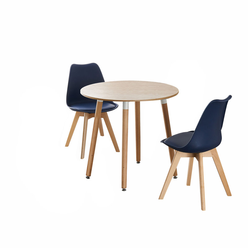 Franconia 2 Person Dining set - a Round Plastic Dining Table with Wooden Legs and a Set of 2 Faux Leather Cushion Padded Dining Chairs for Dining Room - Modern Dining Table Set