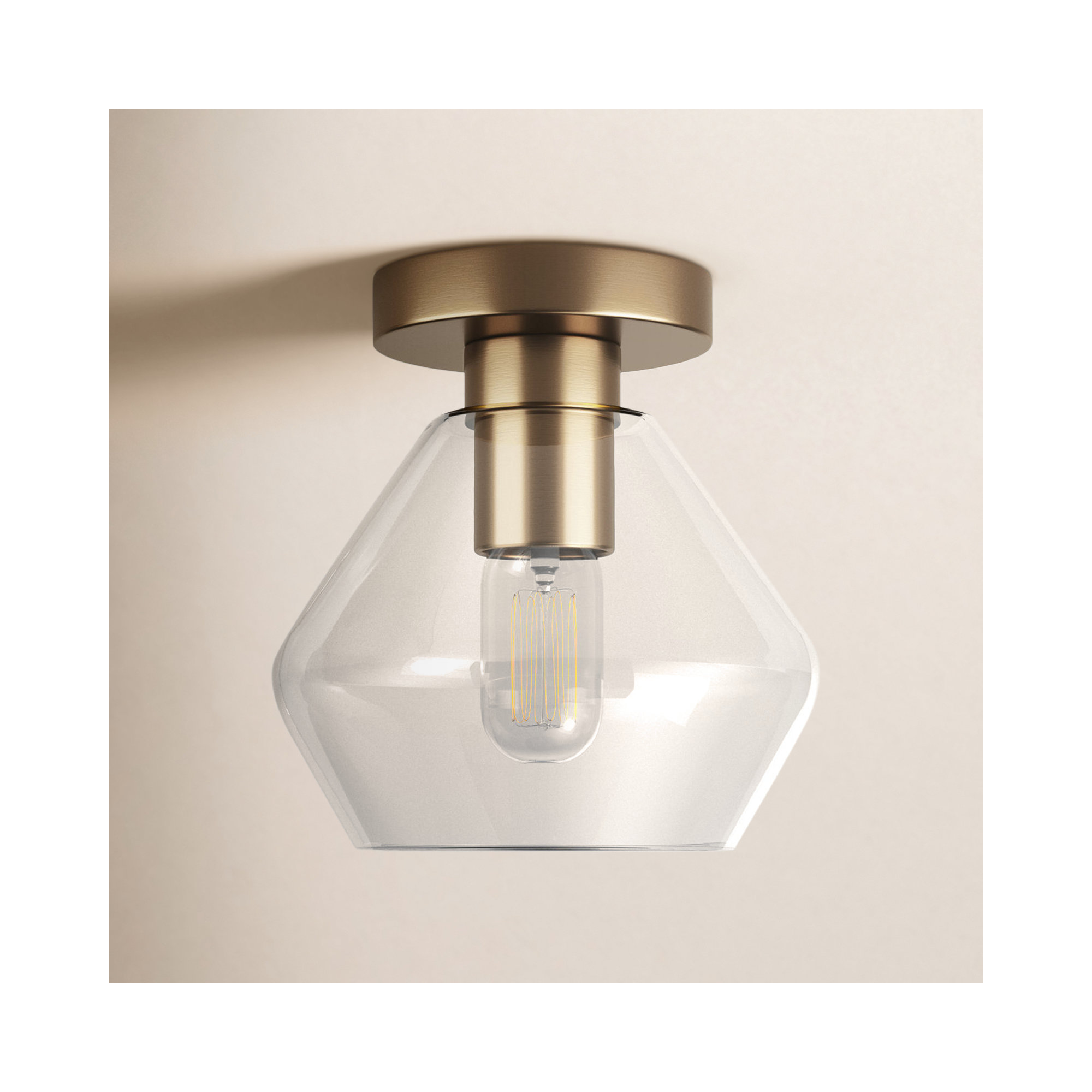 Rooks Single Light Glass Semi Flush Mount, Satin Brass
