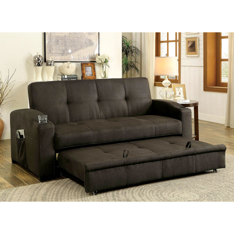 Futon transitionnel à boutons avec tissu brun foncé et porte-gobelets intégrés pour la conversion au lit