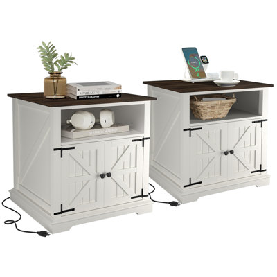 August Grove® Modern Nightstand With Cabinet & Built-In 2 AC Outlets & 2 USB Ports, Farmhouse Style End Table With Barndoor (Set of 2)