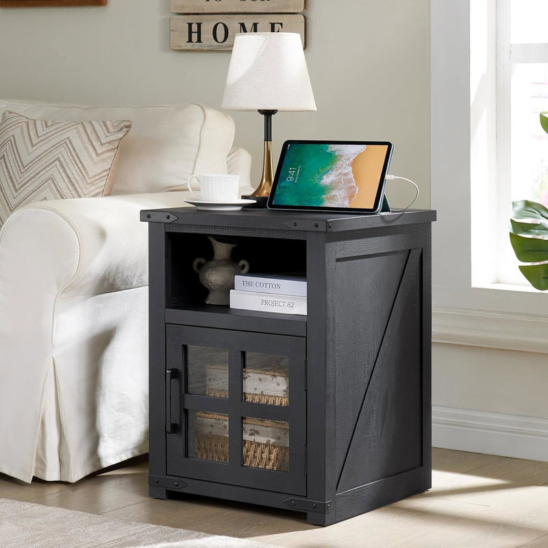Table de bout ferme 24 po avec station de charge rustique 24 po, Noir, Noir