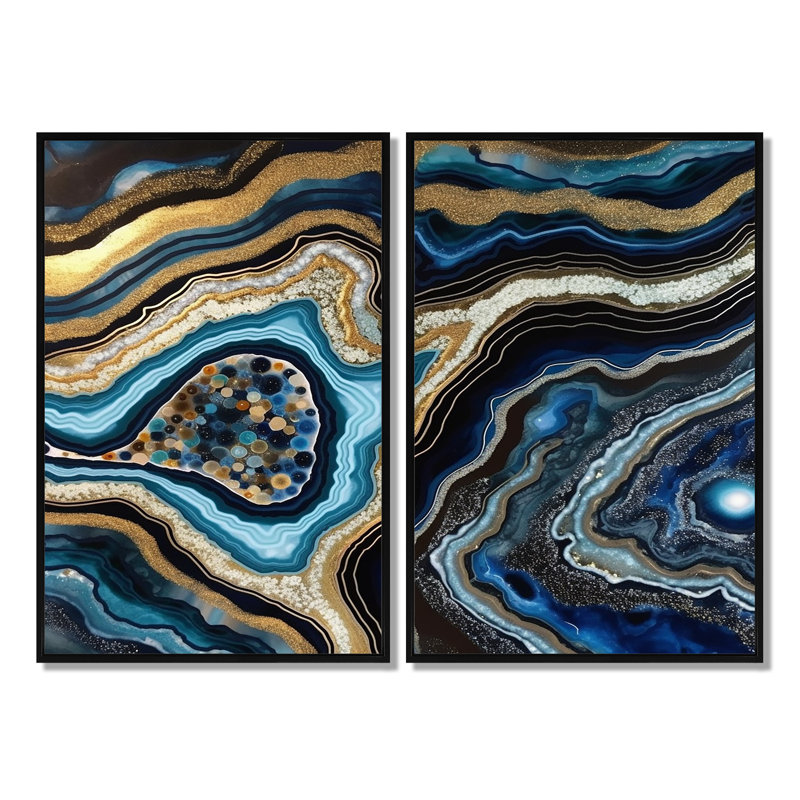«Gold Blue Geode Gems - Stone Geode», reproduction sur toile encadrée, Noir, H 36 po x l 48 po, Impression encadrée flottante