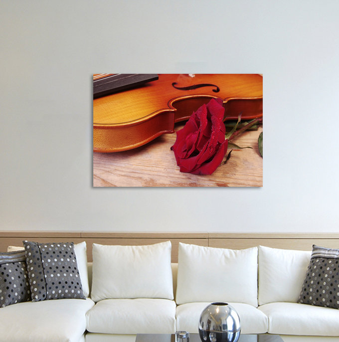 Gerahmtes Leinwandbild  Violine mit roter Rose