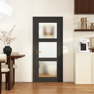 Porte vitrée 3-Lite 32 po x 80 po, porte française en verre givré pré-assemblé, panneau en bois aggloméré, pour buanderie de garde-manger, salle de bain, quincaillerie sans dossier, arrière