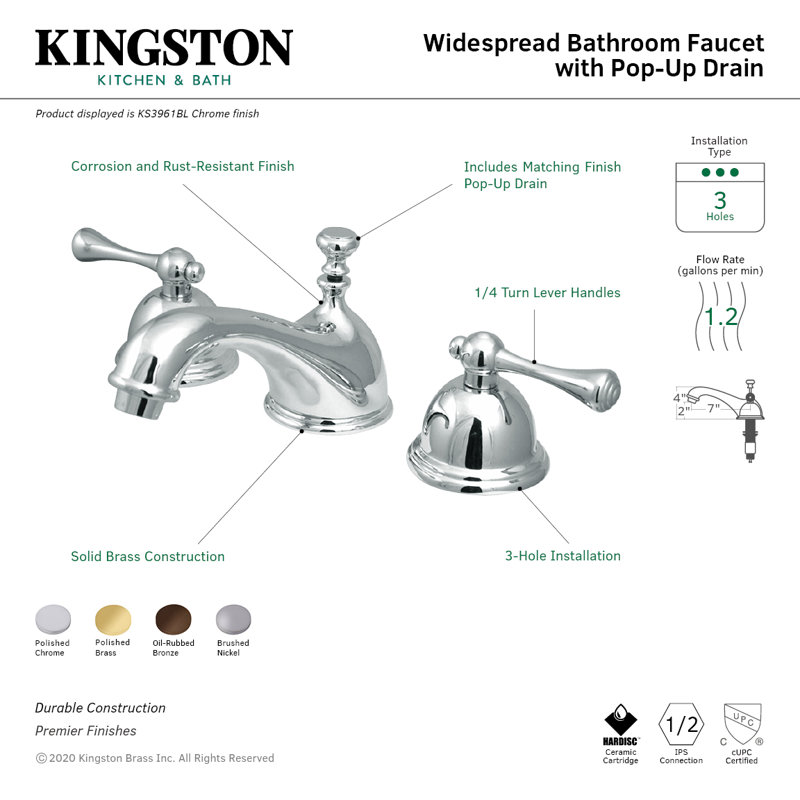 Kingston Brass Vintage Two-Handle 3-Hole Deck Mount Widespread Bathroom Faucet with Brass Pop-Up Drain, Brushed Nickel