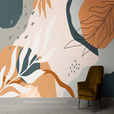 Murale botanique moderne et abstraite beige avec formes organiques et papier peint amovible de style scandinave minimaliste