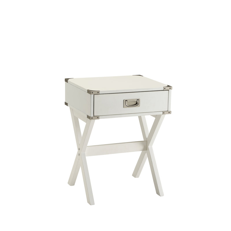 Table d'appoint à finition blanche - Rangement pratique et coins en métal, Blanc