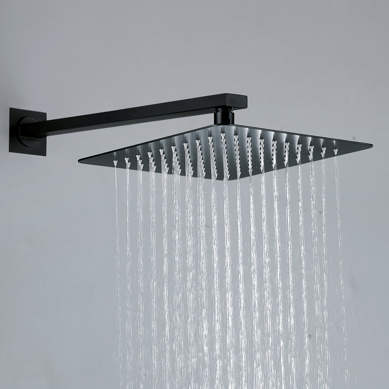 Système de douche mural complet thermostatique avec valve brute, Noir mat, Bouton-poussoir
