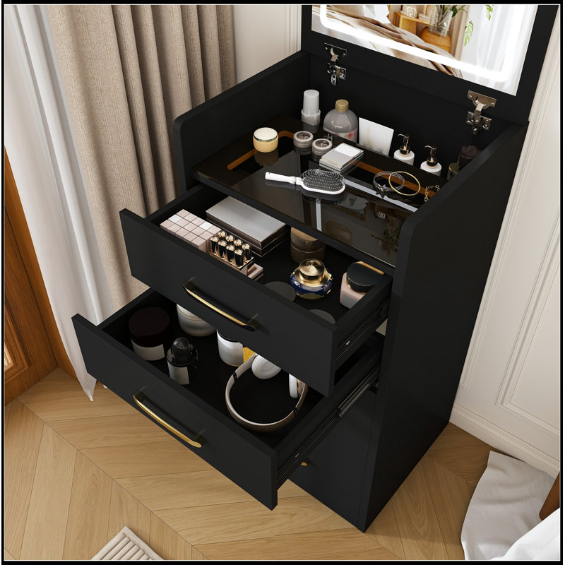 Bureau de coiffeuse avec miroir ouvert et 3 tiroirs, Noir