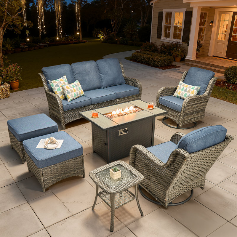 5 - Person Wicker Outdoor Conversation Set, Patio Sofa & Swivel Chair Set with Fire Pit and Cushions, Blue Cushion/Gray Frame