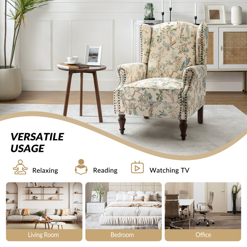 Anndi Upholstered Wingback Accent Chair, Bird Linen 