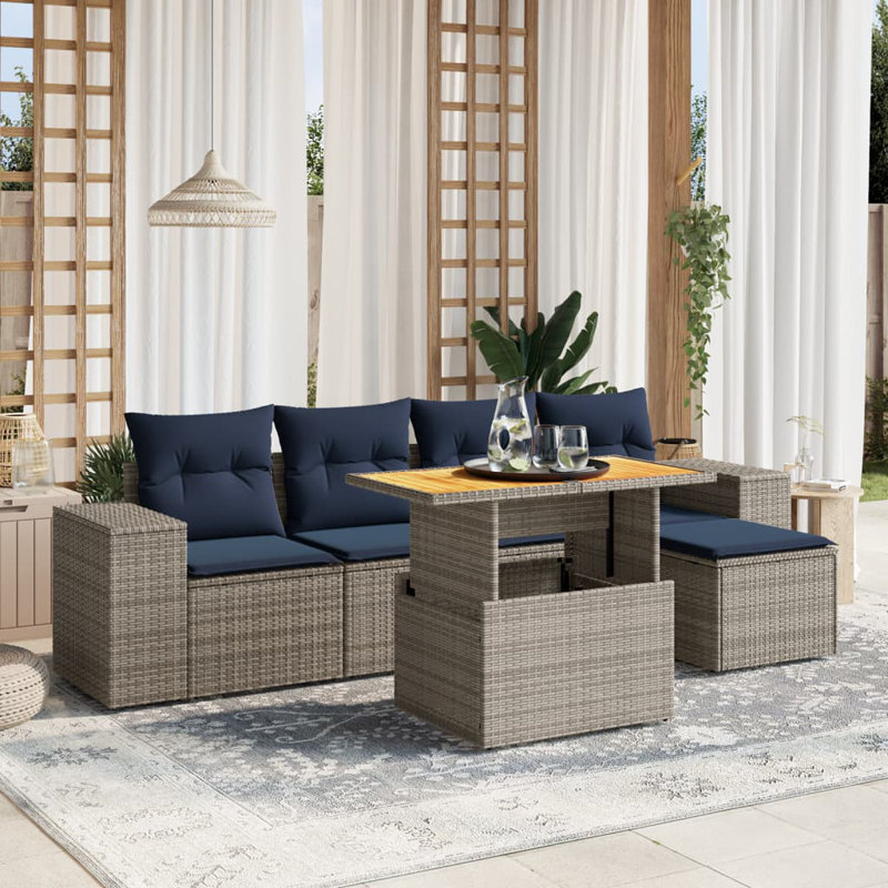  Ensemble de canapé de patio 6 pièces avec coussins en rotin de polyester, Gris, Bleu