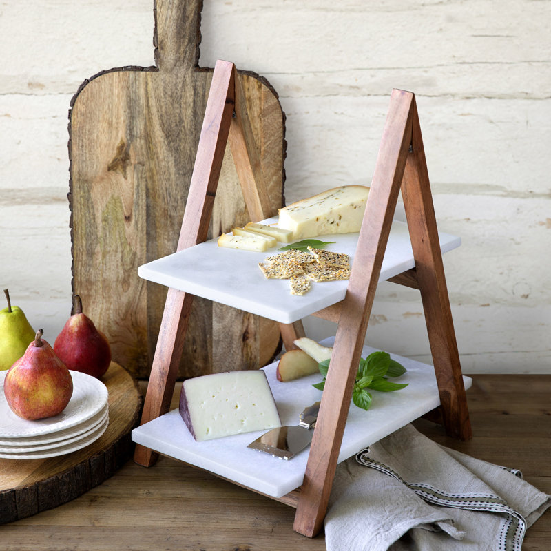 Two-Tier White Marble and Wood A-Frame Cheese Server