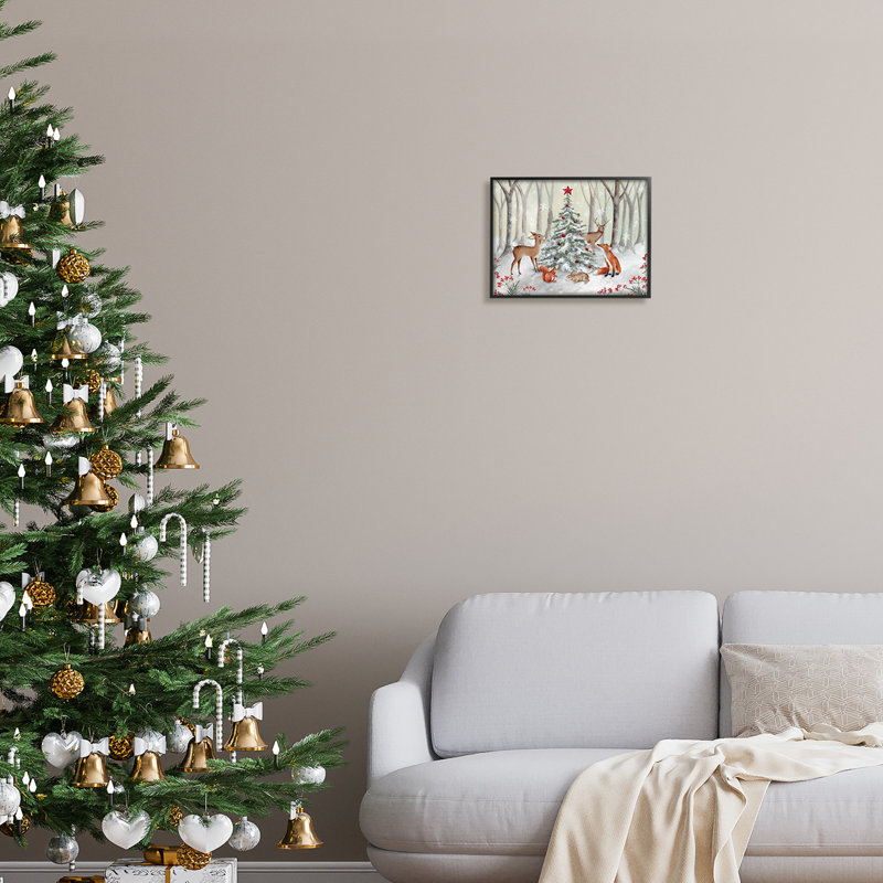 Ba-805 - Animaux de la forêt encadrés et arbre de Noël encadré sur bois par Emma Leach, Giclée encadrée noir minuit