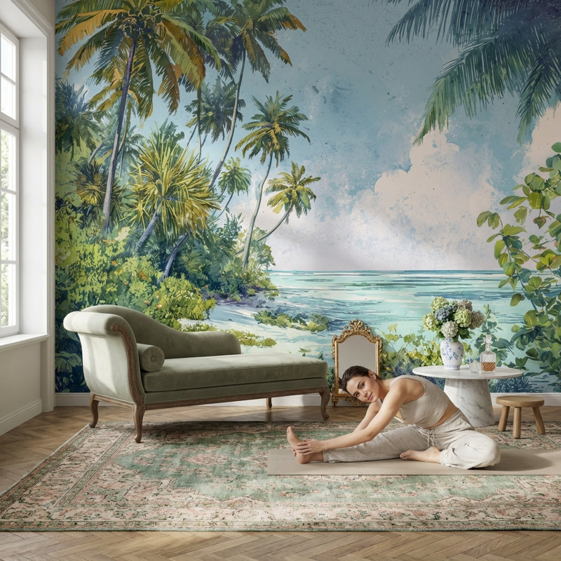 Papier peint mural Plage tropicale Palmier Mer, 200 po x 120 po, Peler et coller