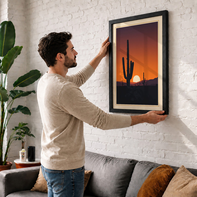 Desert Sunset Silhouette Landscape - Framed Print, A1 - 84.1 x 59.4 cm, Walnut