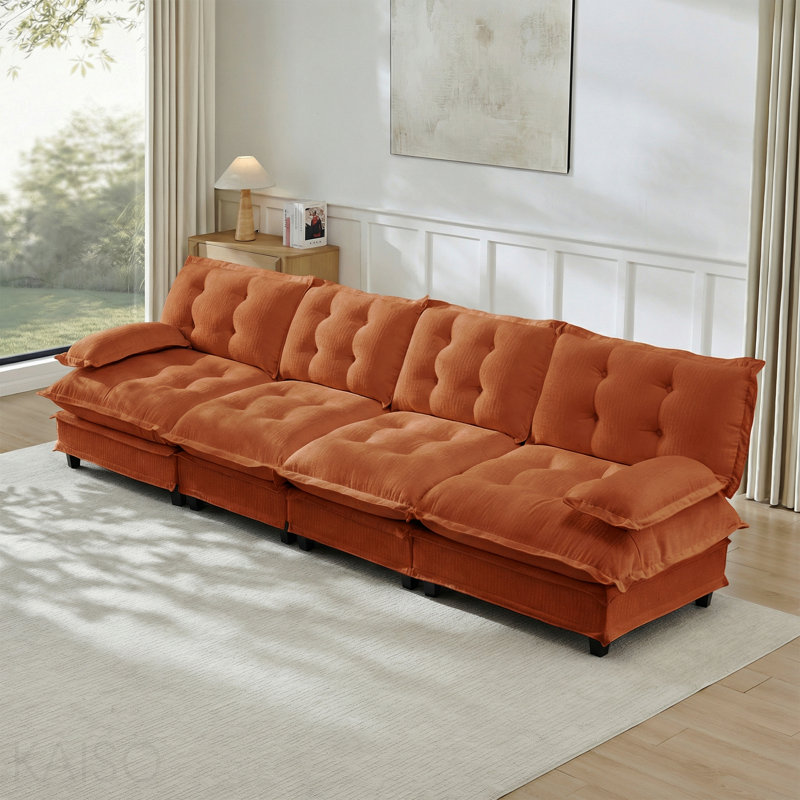 Canapé 138 pouces 4 places Cloud - Chenille, assise profonde, coussin en treillis - Orange