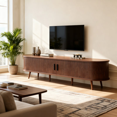 70 Inch Mid-Century Modern TV Stand with Tambour Doors & Drawers–Includes Power Outlet, Perfect for 80 Inch TVs in Living/Bedroom