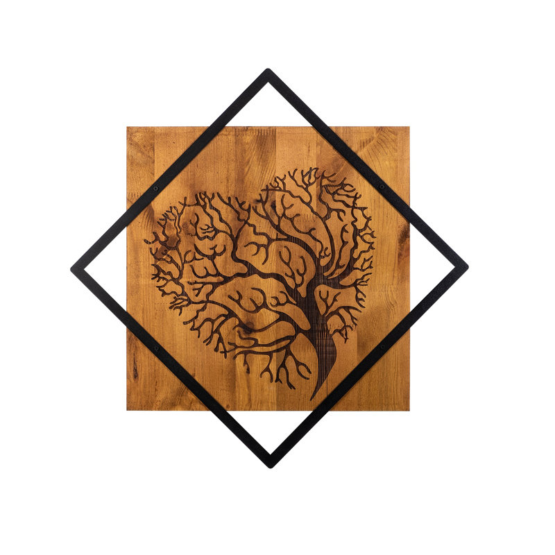 Élégant accessoire mural décoratif en bois, noyer et noir, 21,3 po x 21,3 po | 50% bois véritable (0,8 po d'épaisseur) et 50% métal (0,1 po d'épaisseur) | Conception de suspension unique pour un montage mural facile | Décoration élégante
