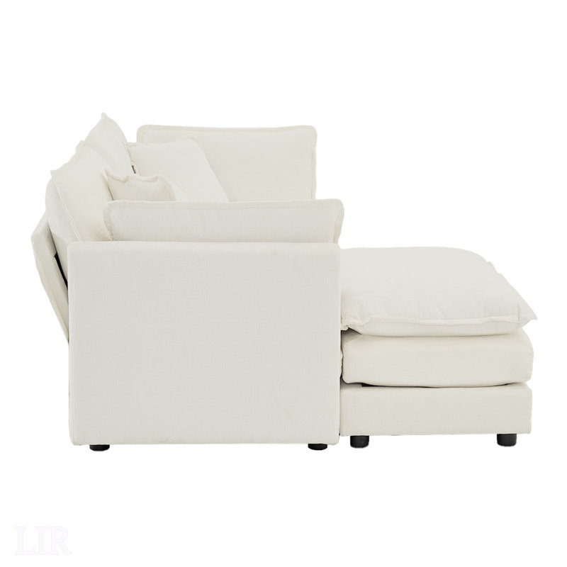 Canapé modulaire en L en chenille à deux places avec repose-pieds, parfait pour les petits espaces, Chenille blanche