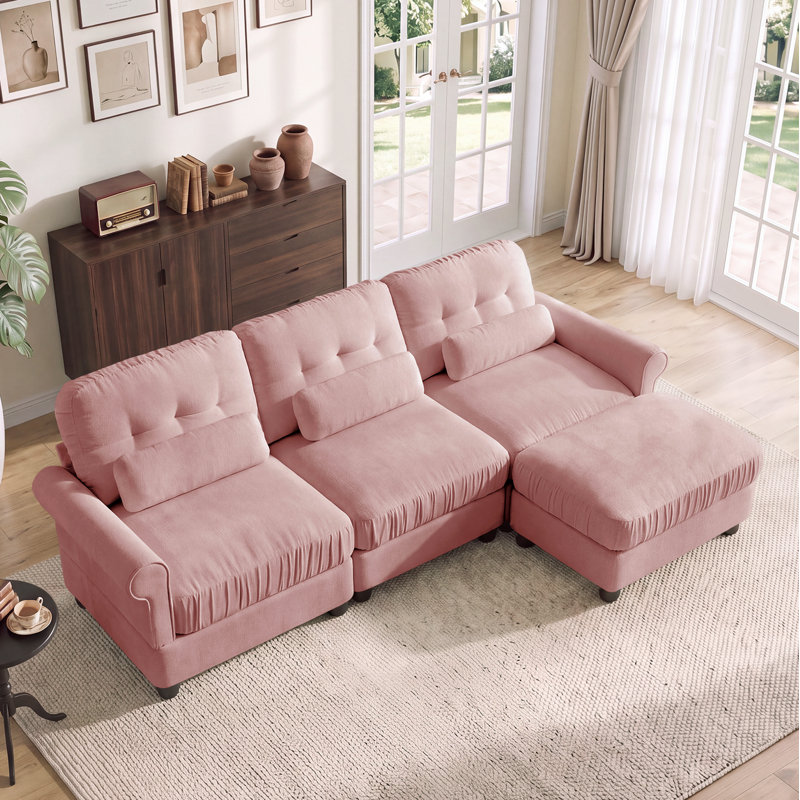 Canapé d'angle modulaire 3 places en forme de L de 250 cm de large avec pouf, revêtement moderne et traditionnel, coussin d'assise à bord froncé
