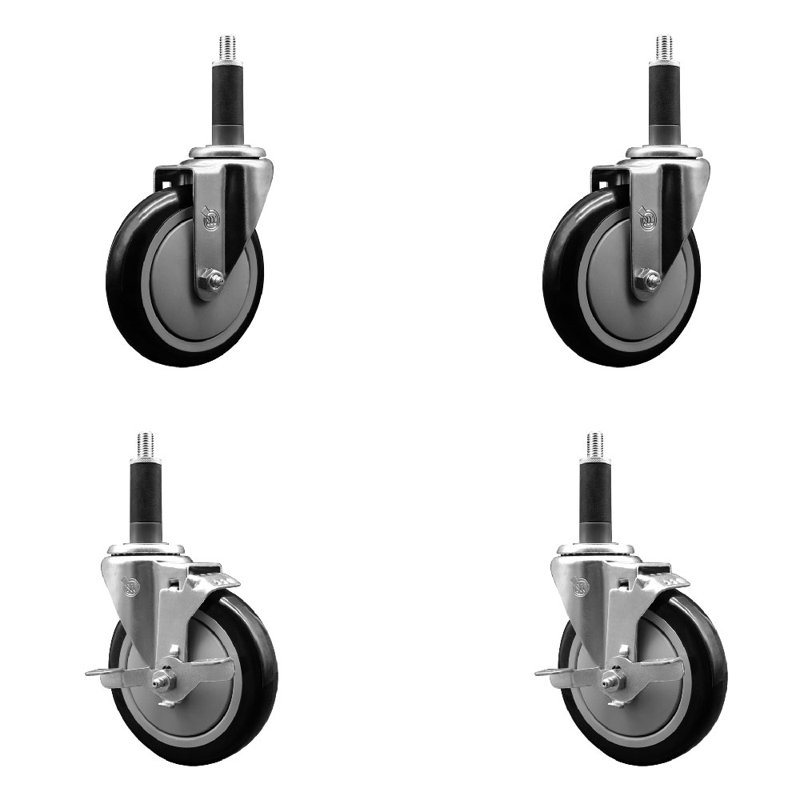 Ensemble de roulettes extensibles 5 pouces pivotant sur roues en polyéthylène 5 pouces et 2 freins SCC, Noir