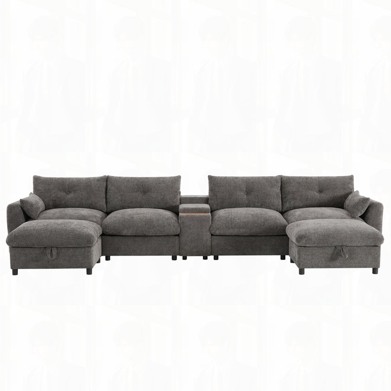 142'' Modular Sectional Sofa with Movable Storage Ottoman and Console, Grey