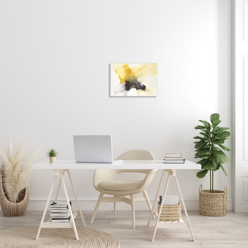 Distorsion de forme fluide d'un nuage jaune futuriste - Peinture, H 13 po x l 19 po, Bois