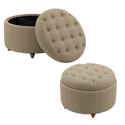 Upholstered Round Storage Ottoman with Tufted Cushion