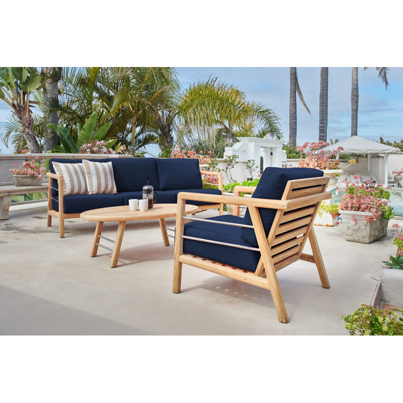 Aalto Teak Sofa With Cushion In Melon, Canvas Navy Sunbrella® Canvas