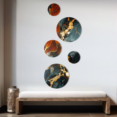 Or et vert sérénité abstraite Marble Dream V - ensemble d'art mural rond en marbre de 5